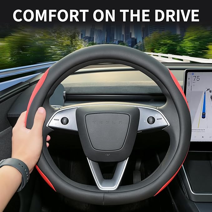 Nappa Leather Steering Wheel Cover for Tesla Model 3/Y 2016-2025 2026 Juniper/Highland, Non-Slip Breathable Tesla Model 3/Y Steering Wheel Protector, Red