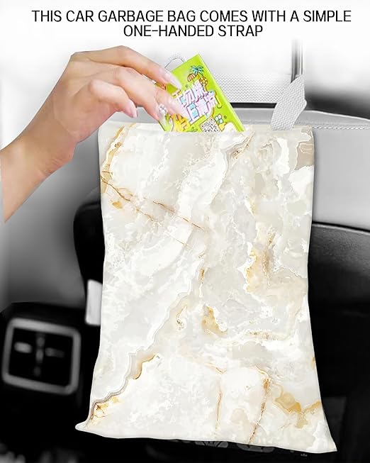 Car Garbage Can, Car Trash Bag, Car Garbage Bag, Hanging Car Trash Can for Car Accessories, Vehicle, Travelling, Camping, Cute Car Back Seat Organizer, Cute White Marble