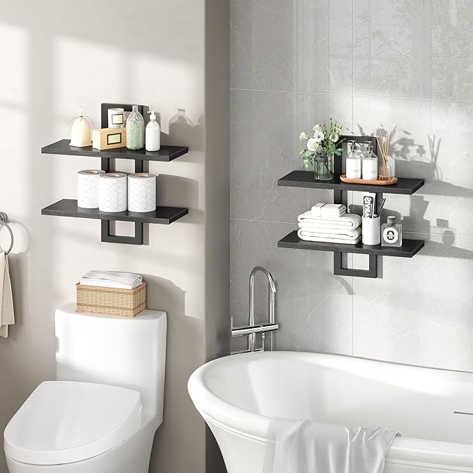 HOOBRO Floating Shelves, 15 Inch Wall Shelf Set of 2, Wall Mounted Storage Shelves 2-Tier, Hanging Bathroom Shelves, for Livi