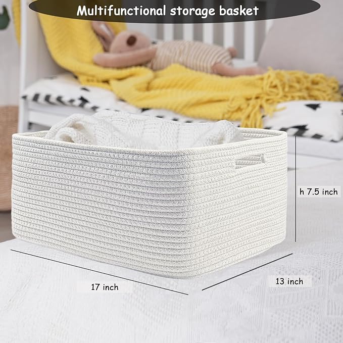 COMFY-HOMI 3 pcs Large Storage Baskets for Shelves, Laundry Basket, Woven Rope Basket, Closet Organizer Bins for Clothes Blan