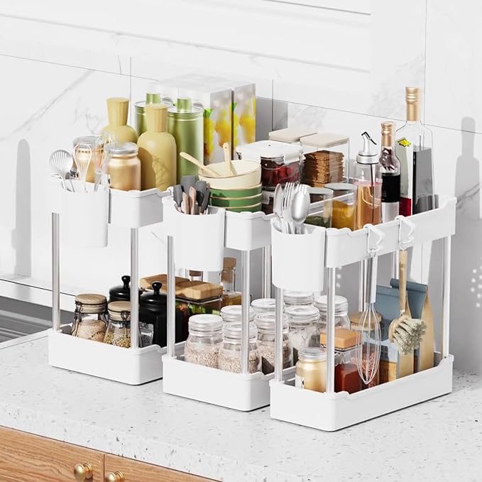 3 Pack Under Sink Organizers and Storage, 2 Tier Bathroom Cabinet Organizer Shelf with Hanging Cups for Kitchen & Bathroom (W