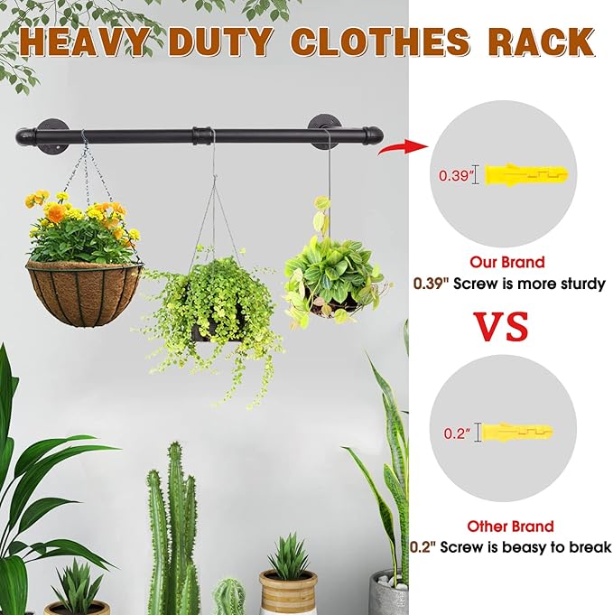 Wall Mounted Clothes Rack - 36" Industrial Pipe Clothing Garment Rack, Space - Saving Heavy Duty Detachable Black Iron Clothe