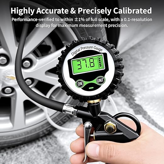 Digital Tire Inflator with Pressure Gauge, 250 PSI Heavy Duty Air Compressor Accessories, 0.1 Display Resolution Air Chuck with Rubber Hose & Quick Connect Coupler for Car, Truck, RV