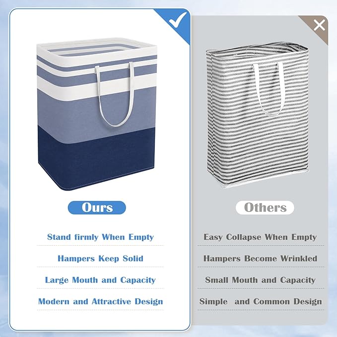 BlissTotes 3-Pack Laundry Basket, Freestanding＆Waterproof Laundry Hamper, Collapsible Tall Clothes Hamper with Easy Carry Han