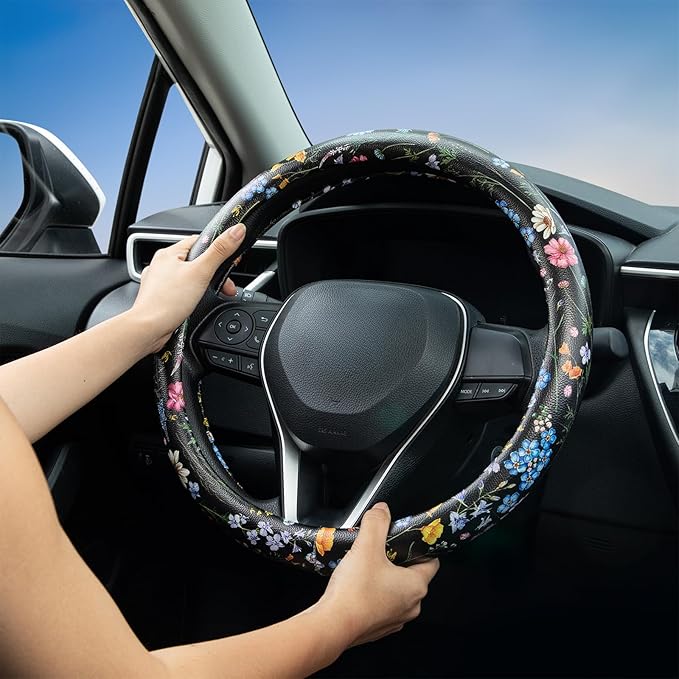 Multicolor Wildflower Steering Wheel Cover Auto Jacquard Steering Wheel Protector, Anti-Slip, Breathable, Absorbing Sweat, Un