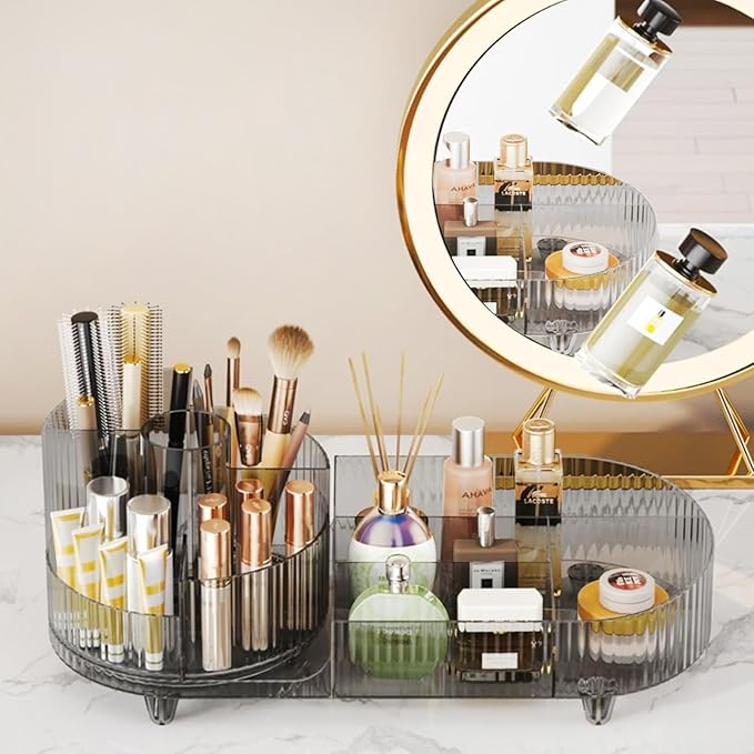 Rotating Makeup Organizer for Vanity with Brush Holder, Cosmetic Makeup Storage Organizer, Large Spinning Makeup Skincare Org