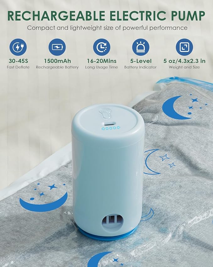 Vacuum Storage Bags with Electric Pump, 12 Pack Vacuum Sealed Bag with 1500mAh Rechargeable Battery for Clothes, Blanket, Duv