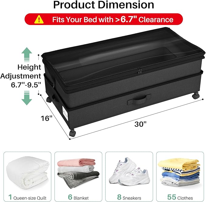 Kitstorack 4 Pack Height-adjustable Under Bed Storage with Wheels, Under Bed Storage Containers,Under Bed Shoe Storage Organi