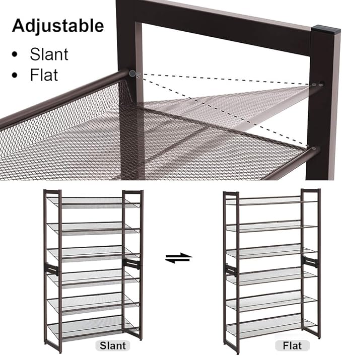 SONGMICS Shoe Rack, 6-Tier Shoe Organizer, Metal Rack for Garage, Set of 2, 3-Tier Stackable Shelf, with Adjustable Flat or A