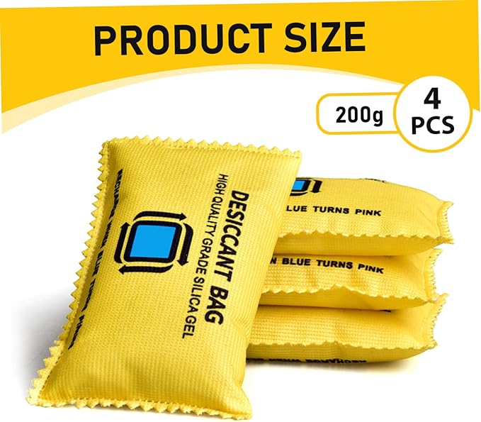 4PCS Silica Gel Packets for Storage, 200g Each Color Indicating Dehumidifier Bags, Reusable Desiccant Packs for Closets,