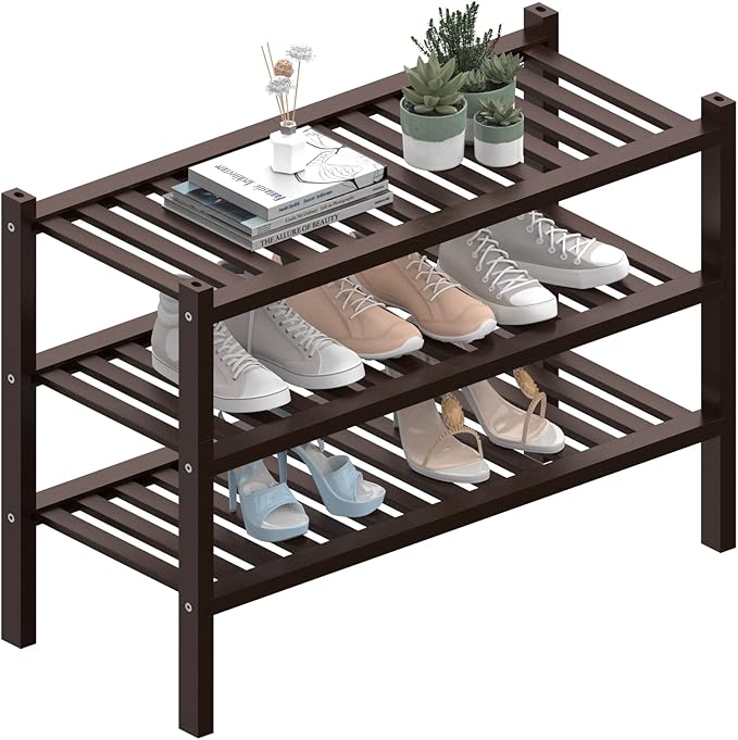 ROMGUAR CRAFT 3 Tier (Thick) Bamboo Shoe Rack for Closet Free Standing Wood Shoe Shelf for Entryway Small Space Stackable 27"