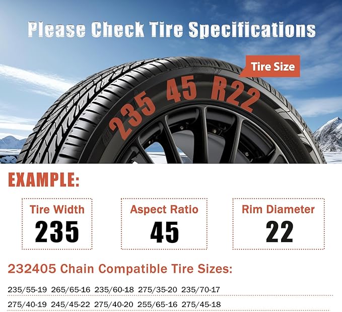 232405 Adjustable Snow Tire Chains for Light Truck, SUV, Cars, Pickups, 2 Pack Anti-slip Snow Chains for Pickup Trucks Winter