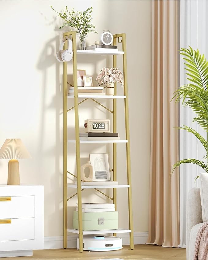 Hzuaneri Ladder Shelf, Bookshelf Bookcase, Freestanding Corner Storage Shelve with 2 Hooks for Home Office, Living Room, Kitc