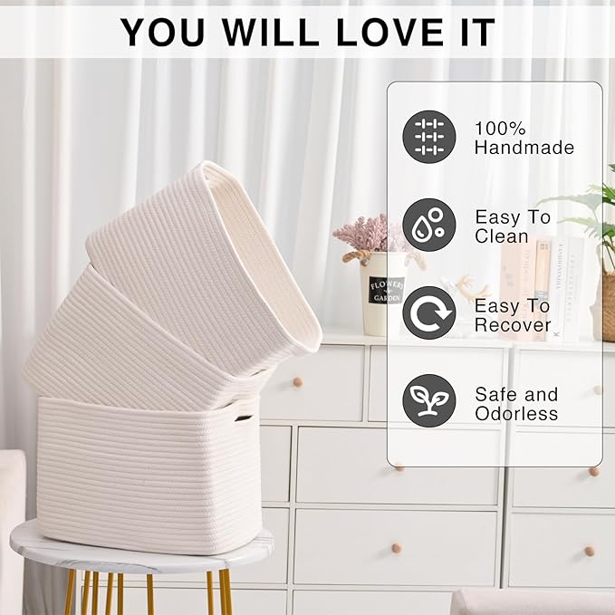 ICERZCZ Storage Baskets for Organizing Shelves, Woven Cotton Rope Bins for Baby Nursery Organization, Book Toy Towel Organize