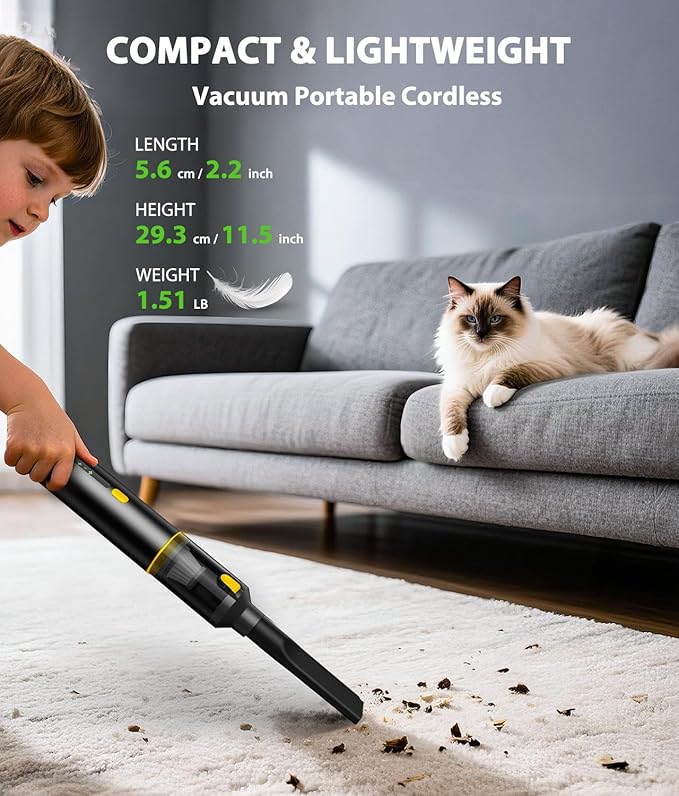 Car Vacuum Portable Cordless Handheld Vacuum Cleaner 4-in-1 Mini Cordless Vacuum with 2 Suction Modes and 16800pa Suction Pow