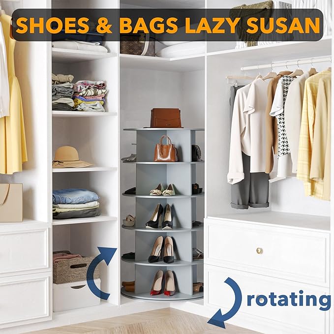 SpaceAid 5 Tier Rotating Shoe Rack Tower, Spinning Shoe Display Lazy Susan, Revolving 360 Shoe Rack Storage Round Carousel, V