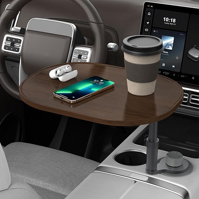 Car Desk Car Tray for Laptop & Food, Wood Cup Holder Table with Adjustable Height, Car Accessories for Women & Men 360° Rotatable Steering Wheel Tray for Tesla Model Y/3/S, Most Vehicles (Walnut-Oval)
