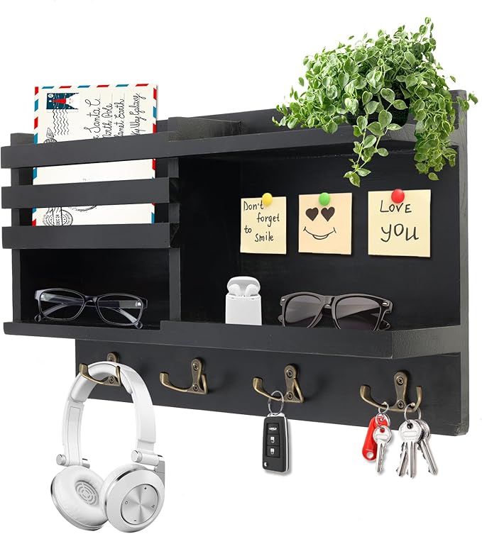 Key Holder Wall Mount, Solid Wood Key and Mail Organizer for Wall(Self Adhesive or Drill), 8 Hooks Key Rack for Entryway Hall