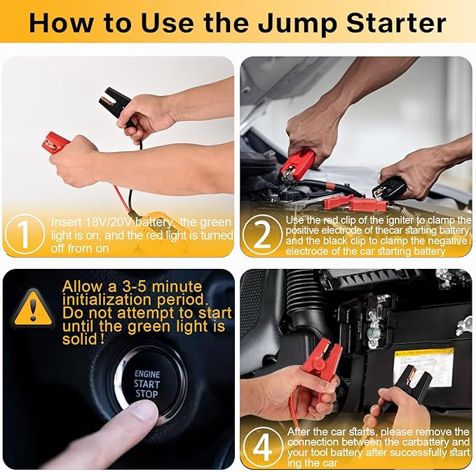 Jump Starter Compatible with Dewalt 20V Tools - Heavy Duty 11AWG Jump Starter Cable (1.2FT), Car Battery Booster Using Power Tool Batteries (Battery not Included)