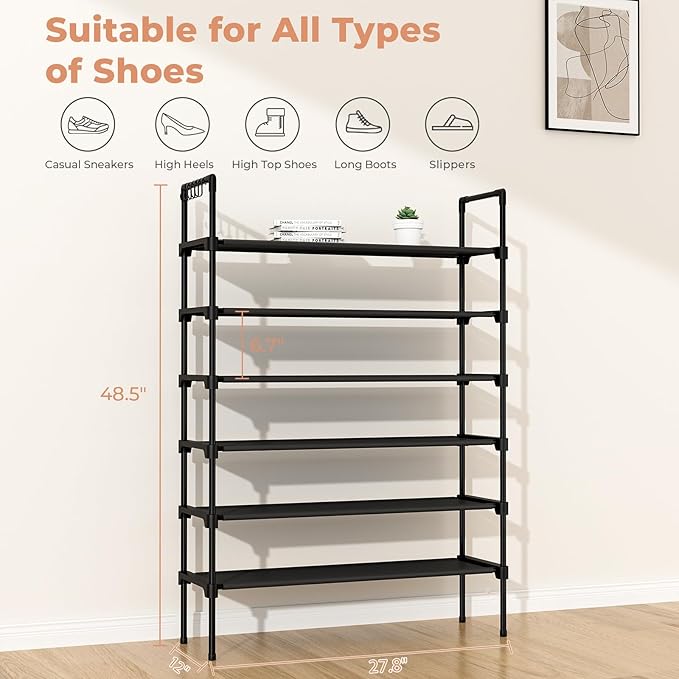 LANTEFUL 6 Tier Shoe Rack for Closet Shoe Organizer with 5 Hooks, Long Shoe Shelf Storage for Shoe and Boot Stackable Free St