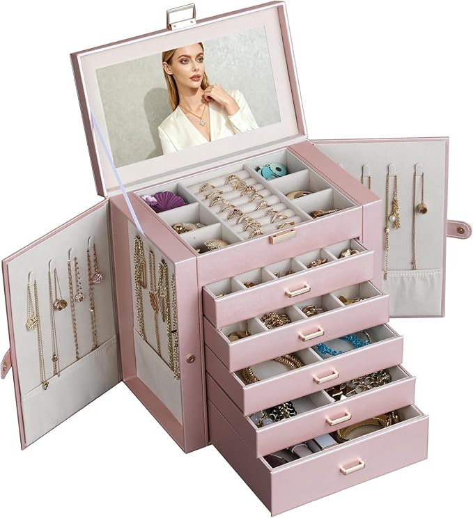 BOOVO Jewelry Box For women, 6 Layer Large Jewelry Organizer With Mirror, Multi-Function Storage Box With Lock, Necklace Hold