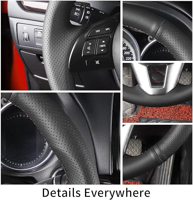Hand Sewn Microfiber Leather Steering Wheel Cover on Wrap,Fit for Mazda 3 2014-2016 Mazda 6 2014-2016 Mazda 2 2015-2017 CX-3 2016-2017 CX-5 2013-2016 for Scion iA 2017