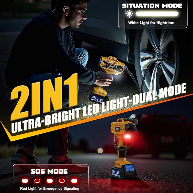 Cordless Tire Inflator Air Compressor: 160PSI Portable Air Pump Compatible with Dewalt 20V Battery, with 4AH Battery & Charger, Digital Pressure Gauge for Cars, Motorcycles, Bikes