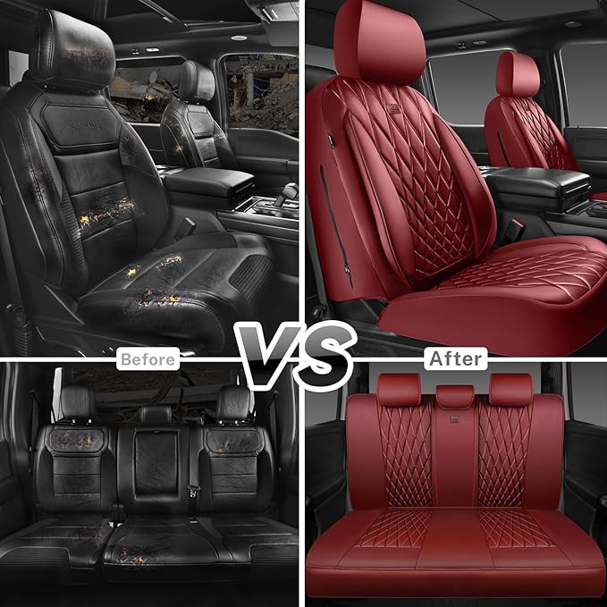 CAR PASS Piping Luxury Faux Leather Seat Covers Full Set, Premium Delux Anti-Slip Waterproof Automotive Seat Cover Universal 