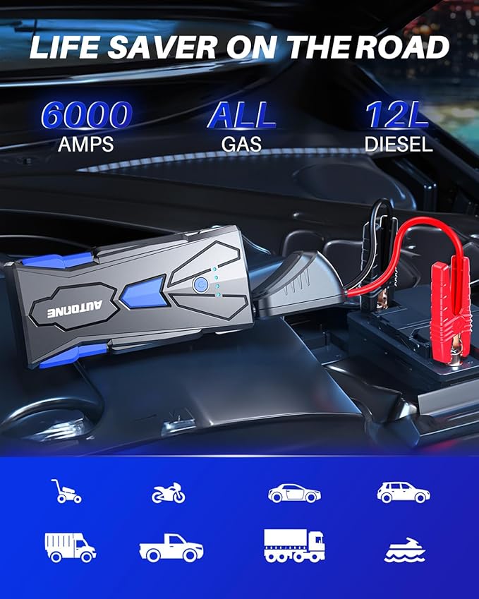 AUTOONE 6000A Car Battery Jump Starter Up to All Gas & 12L Diesel Engine, Car Battery Jumper Starter Portable 12V Jump Box
