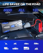 AUTOONE 6000A Car Battery Jump Starter Up to All Gas & 12L Diesel Engine, Car Battery Jumper Starter Portable 12V Jump Box