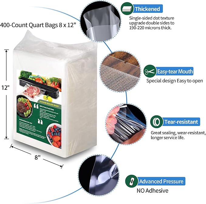 AENTGIU 400 Vacuum Sealer Storage Bags, 8x12 Inch Seal a Meal Bags, BPA Free Quart Bags, Compatible with All Heat Vacuum Seal