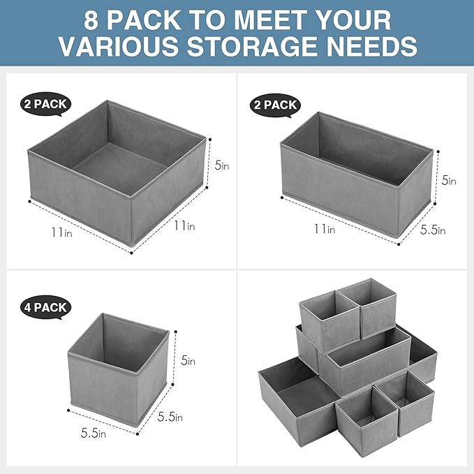Criusia Drawer Organizer Clothes, 8 Pack Underwear Organizer, Foldable Closet Organizers and Storage Dresser Dividers for Clo