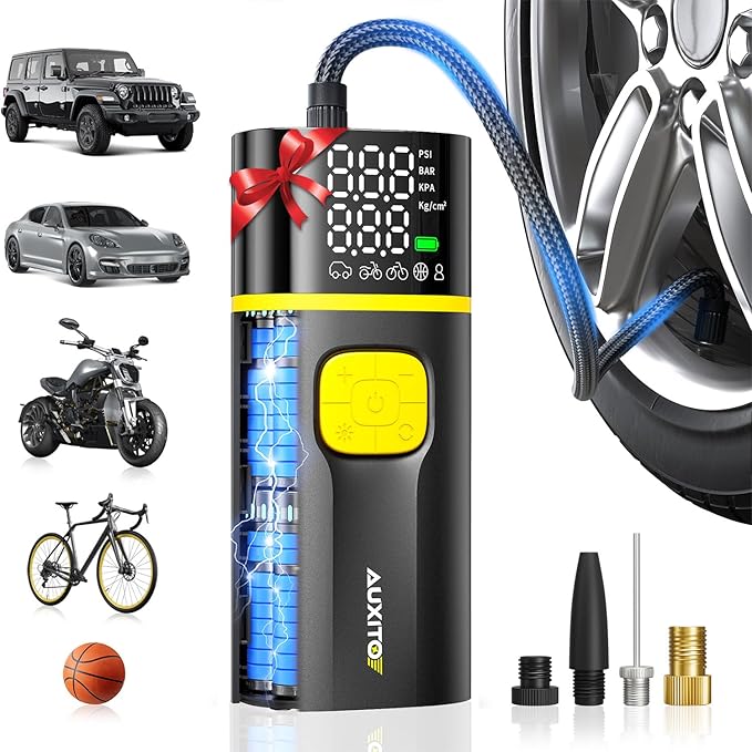AUXITO AS1 PRO Tire Inflator Portable Air Compressor - 150PSI Dual Cylinder 7800 mAh & 12V DC, Bike Pump Air Pump for SUV, Truck, Bike, Motorcycle with Digital Tire Pressure Gauge, Car Gifts for Men