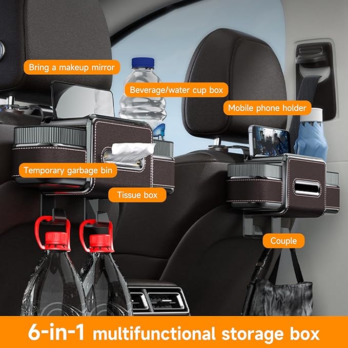 Multifunctional Car Headrest Backseat Organizer Box with Drink Cup Holder, Makeup Mirror, Tissue Box & Hooks for Car Seat Back, Upgrade Car Headrest Backseat Organizer Great for Kids and Travel(Brown)