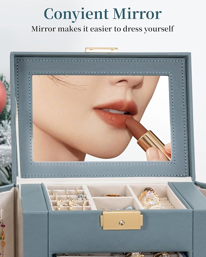TORIBIO Large Jewelry Box for Women, Leather Jewelry Organizer with Mirror & Lock, 6-Tier Jewelry Storage Case for Girls/Wome