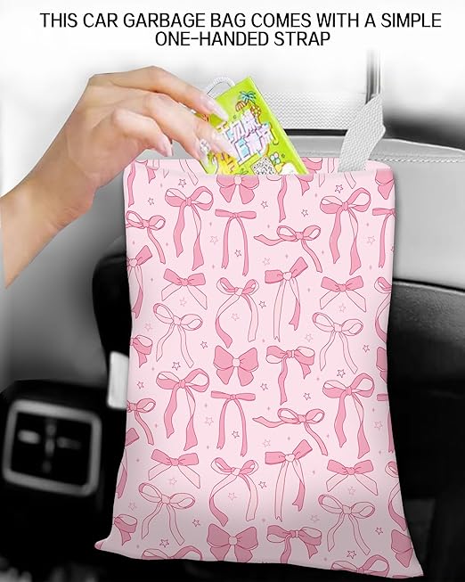 Car Trash Can, Durable Hanging Car Trash Garbage Bag, Cute Automotive Garbage Cans Organizer, Cute Pink Bow Star