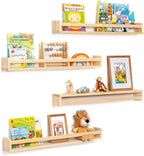Fun Memories Nursery Book Shelves - Rustic Natural Solid Wood Floating Bookshelf for Kids - Wall Book Shelves for Kids Room (
