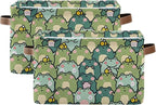 xigua Kawaii Frogs Storage Basket Collapsible Storage Bins Waterproof Canvas Storage Basket with Leather Handles for Home Clo