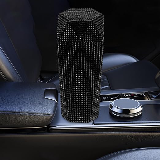 iplusmile Bling Car Trash Can with Lid, Black Rhinestone Sparkly Auto Garbage Bin for Women Girls, Mini Vehicle Waste Container Organizer for Cup Holder, Interior Decor Accessories