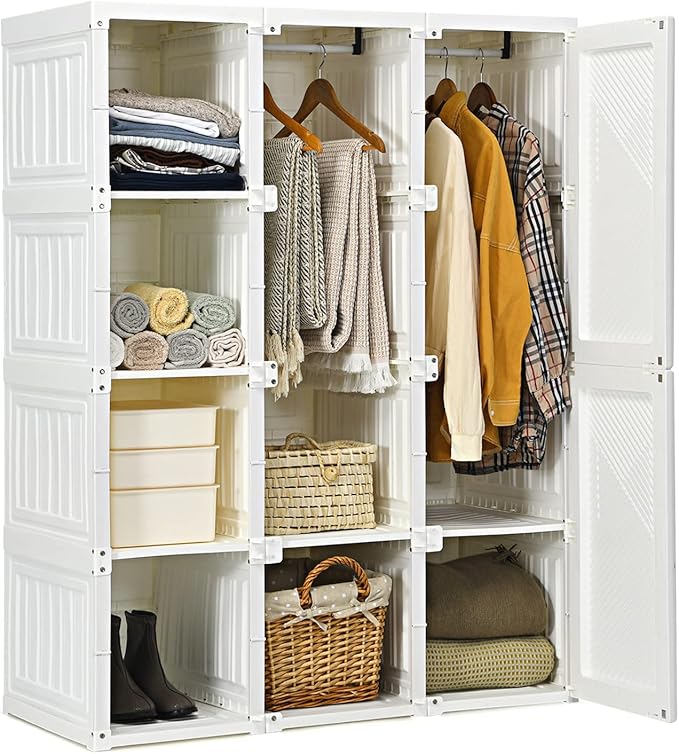 Tangkula Portable Closet Wardrobe, Foldable Clothes Organizer with Cubby Storage, Hanging Rods, Easy Assemble Clothing Storag