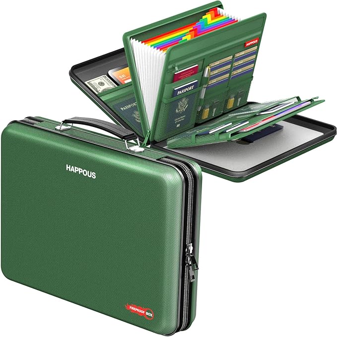 Fireproof Document Box, Expanding File Organizer with 13 Pockets, Portable Fireproof File Box Hard-Shell Document Organizer S