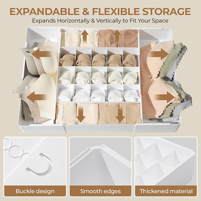 Adjustable Drawer Organizer – 19-Grid Divider for Socks, Bras & Panties, Closet Storage Box for Underwear & Dresser Drawers (