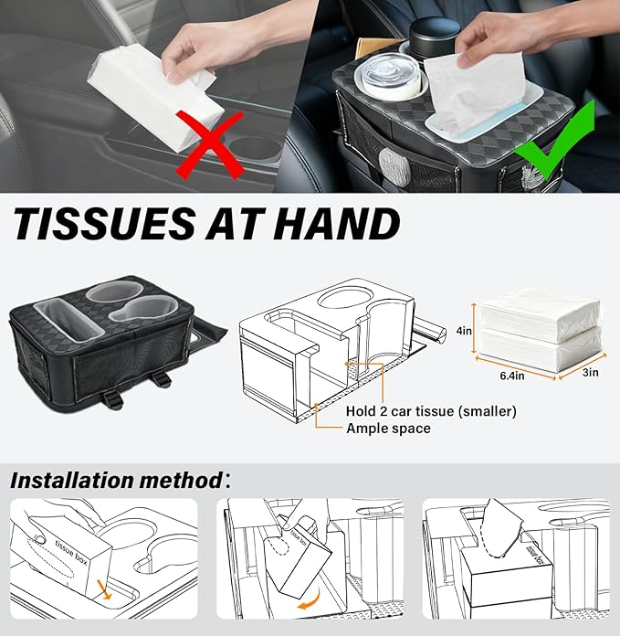 Center Console Cup Holder, Universal Car Armrest Storage Box with Bottle Holder & Tissue Slot & Side Pockets, Car Back Seat T