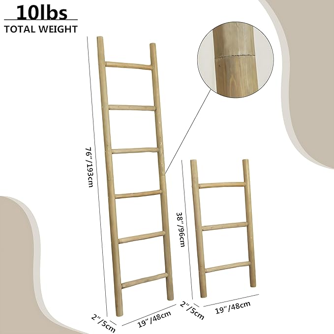 Wooden Blanket Ladder - 76in Natural & Motley Wood - Leaning Wall Decor for Bedroom, Bathroom, Living Room - Rustic Quilt Hol