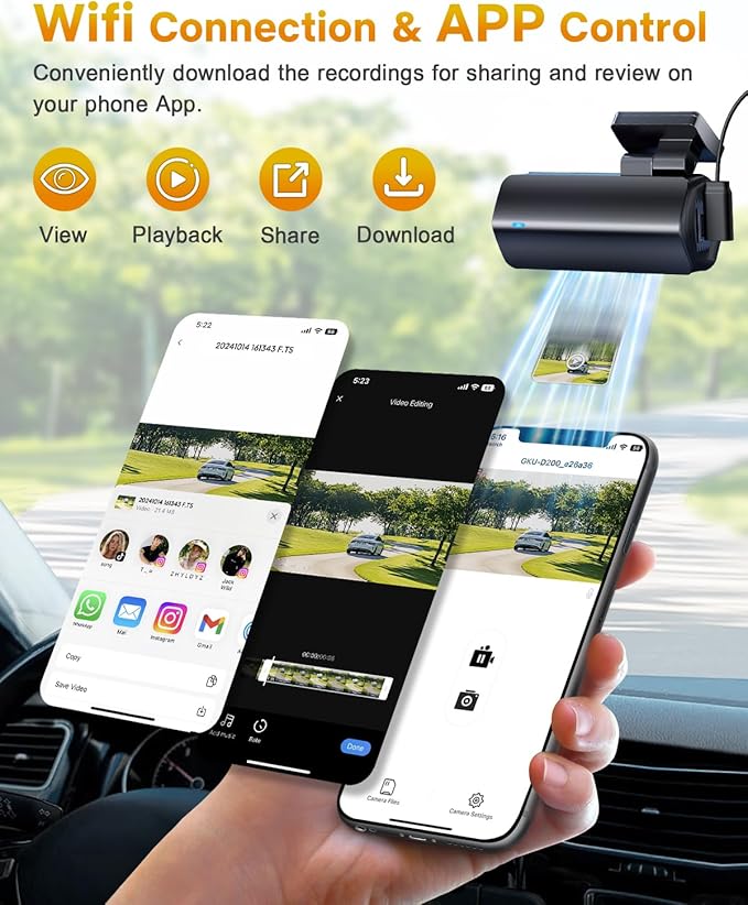 GKU 4K Dash Cam Front, Mini DashCam Includes 64GB Card, Dash Camera Built-in WiFi, 24H Parking Monitor,Night Vision,WDR,170° 