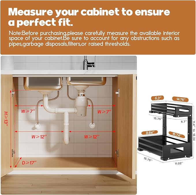 2-Pack Under Sink Organizer and Storage,2-Tier L Shape Pull Out Cabinet Organizer With Round Tube Slide Rails,Hight Adjustabl