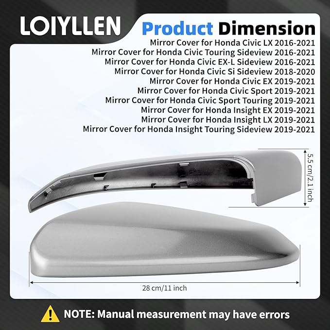 Driver Side Mirror Cover Replacement for Honda Civic 2016-2021, Insight 2019-2021 - Left Side Mirror Covers, Rear View Mirror Cap Accessories Grey
