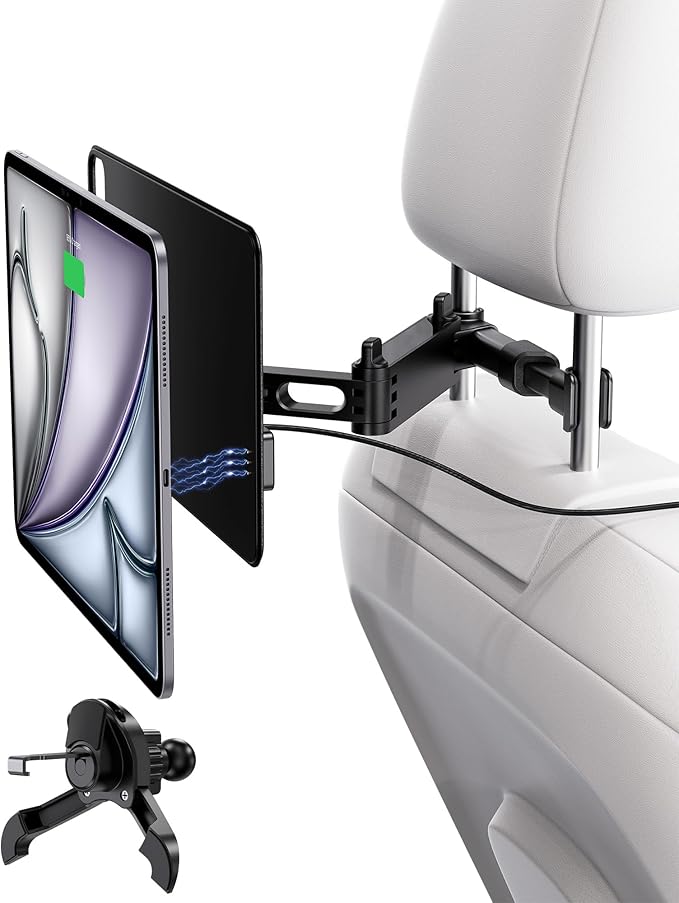 KU XIU Magnetic Wireless Charging Car Headrest Tablet Holder for iPad Pro 11/Air 11 M2/M3, Long Arm Tablet Mount Back Seat for Kids, Road Trip Essentials Stand for iPad Pro 11" 1/2/3/4, Air 10.9" 4/5