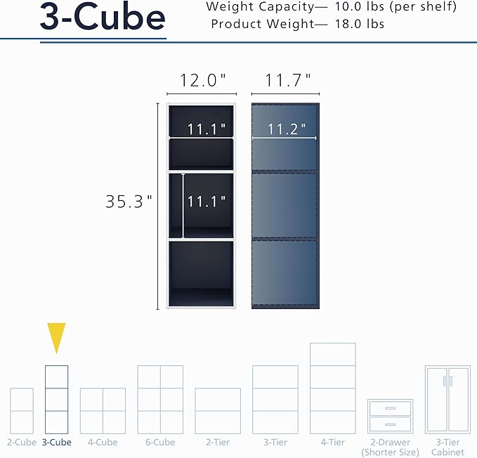 Homes: Inside + Out Apexa 3-Cube Storage Organizer Shelves, Stackable Wood Bookcase Fits Cubby Bins for Organization, Dorm Te