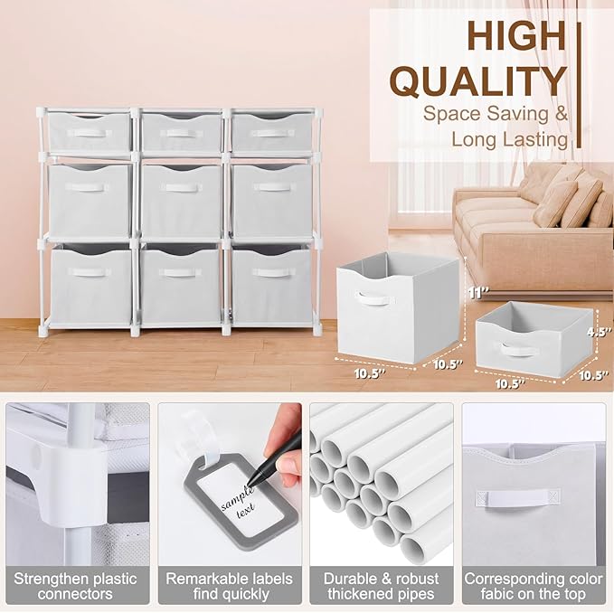 9 Cube Storage Organizer Shelf with Storage Bins and Label, 11 Inch Toy Cube Bins Clothes Closet Organizers Drawers Fabric Dr